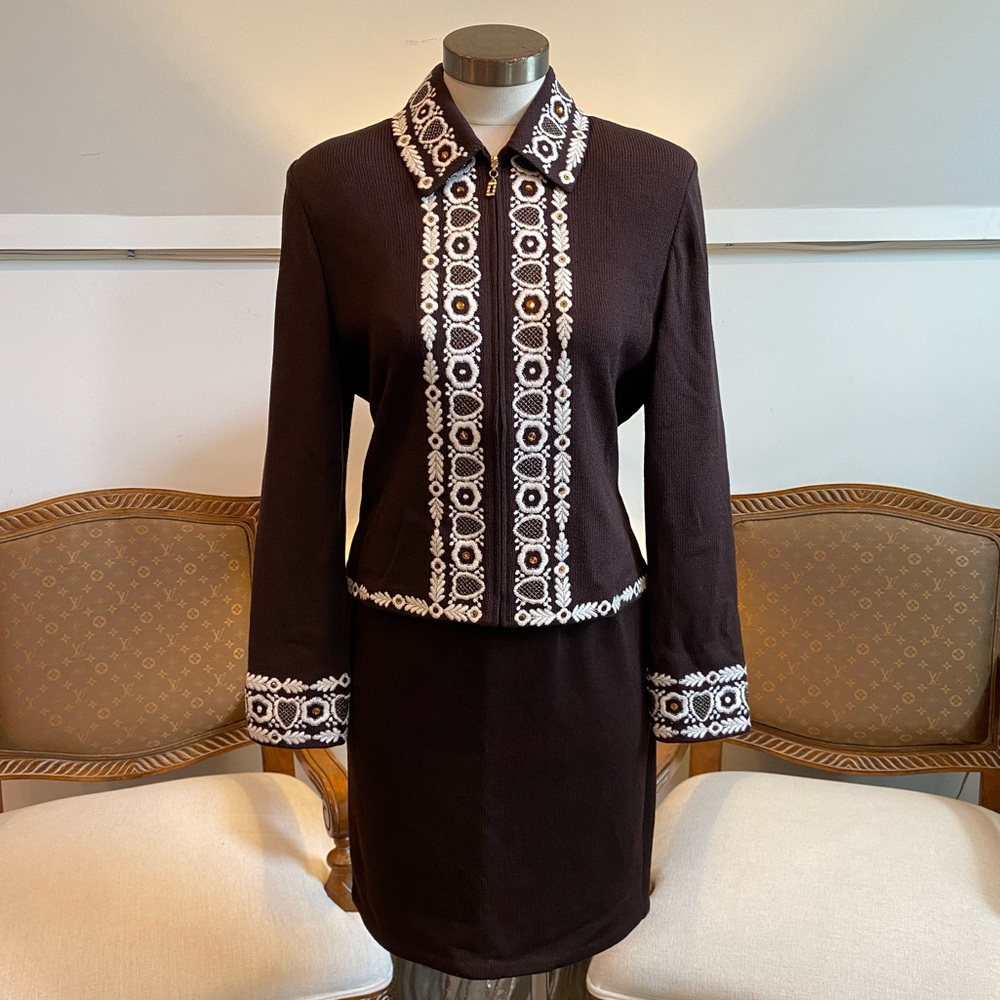 St. John Black Skirt Set with White Embroidered Trim